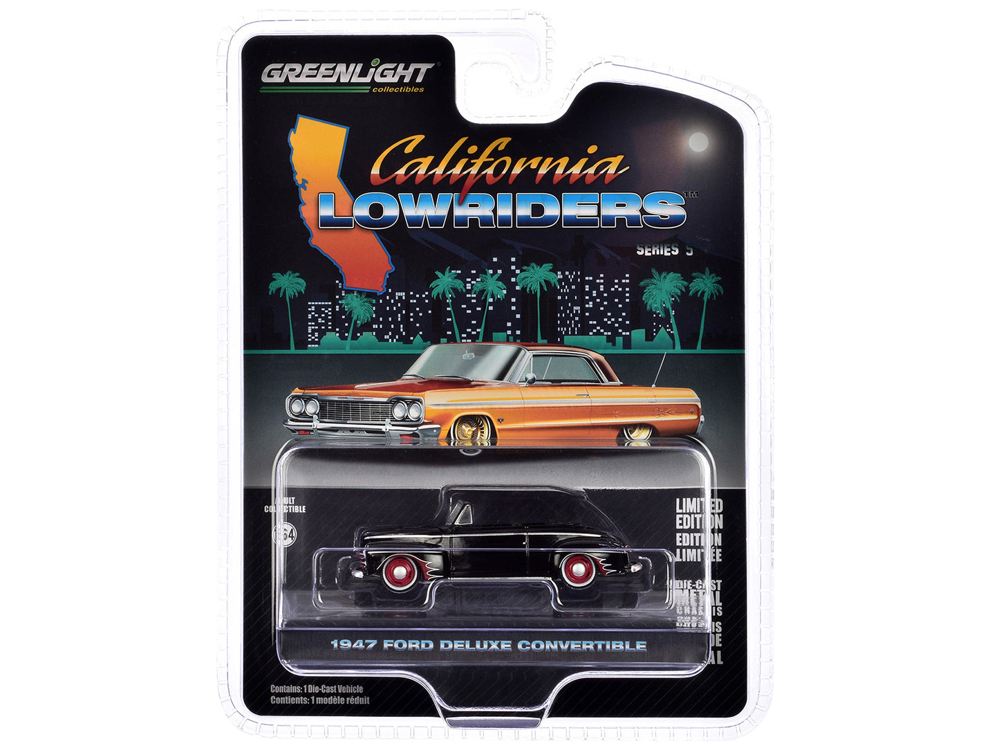 1947 Ford Deluxe Convertible Lowrider Black wit h Red Graphics "California Lowriders" Series 5 1/64 Diecast Model Car by Greenlight