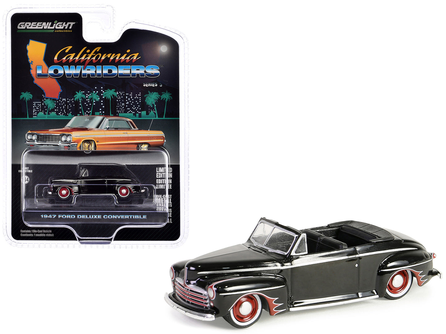 1947 Ford Deluxe Convertible Lowrider Black wit h Red Graphics "California Lowriders" Series 5 1/64 Diecast Model Car by Greenlight