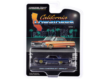 1963 Chevrolet Impala Lowrider Dark Blue Metallic with Gold Wheels "California Lowriders" Series 5 1/64 Diecast Model Car by Greenlight