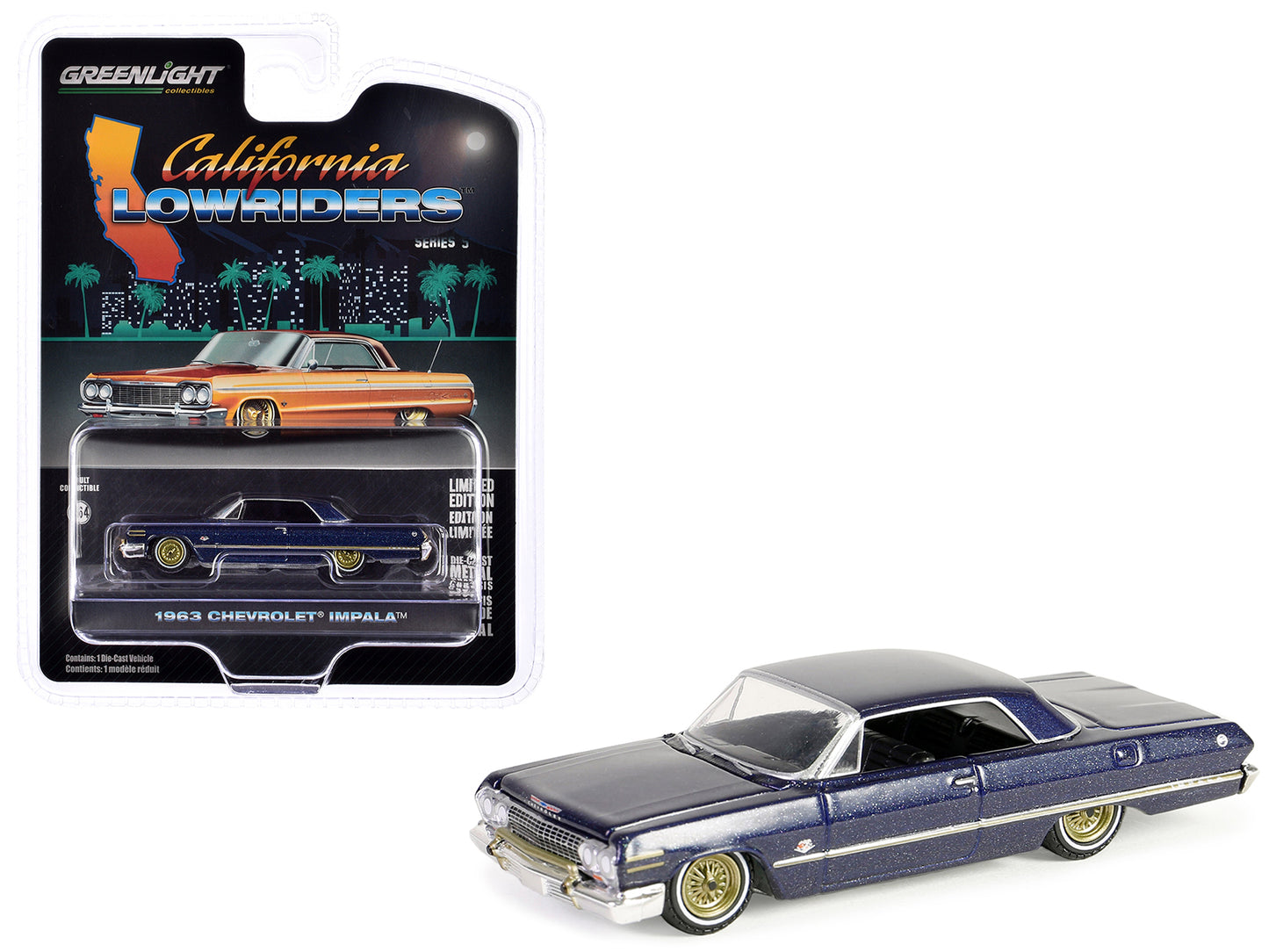 1963 Chevrolet Impala Lowrider Dark Blue Metallic with Gold Wheels "California Lowriders" Series 5 1/64 Diecast Model Car by Greenlight