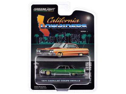 1971 Cadillac Coupe DeVille Lowrider Green Metallic with Black Top and Green Interior "California Lowriders" Series 5 1/64 Diecast Model Car by Greenlight