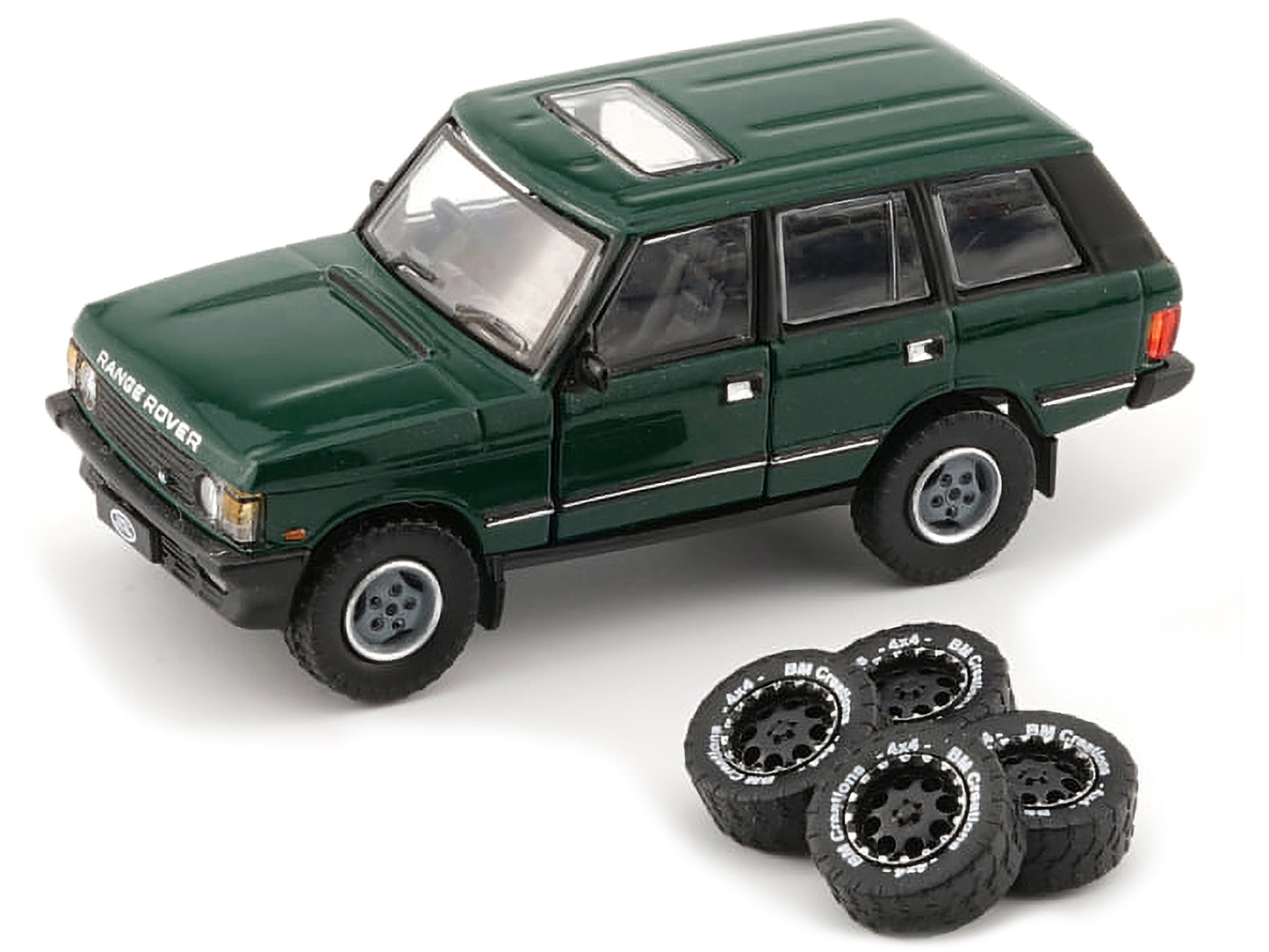 Land Rover Range Rover Classic LSE RHD (Right Hand Drive) Green with Sunroof with Extra Wheels 1/64 Diecast Model Car by BM Creations