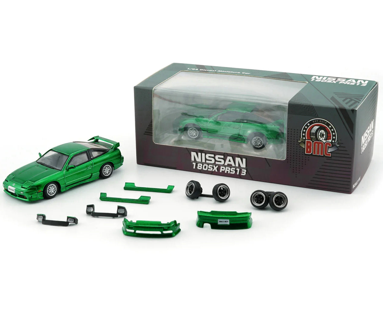 Nissan 180SX PRS13 RHD (Right Hand Drive) Green Metallic with Extra Wheels and Accessories 1/64 Diecast Model Car by BM Creations