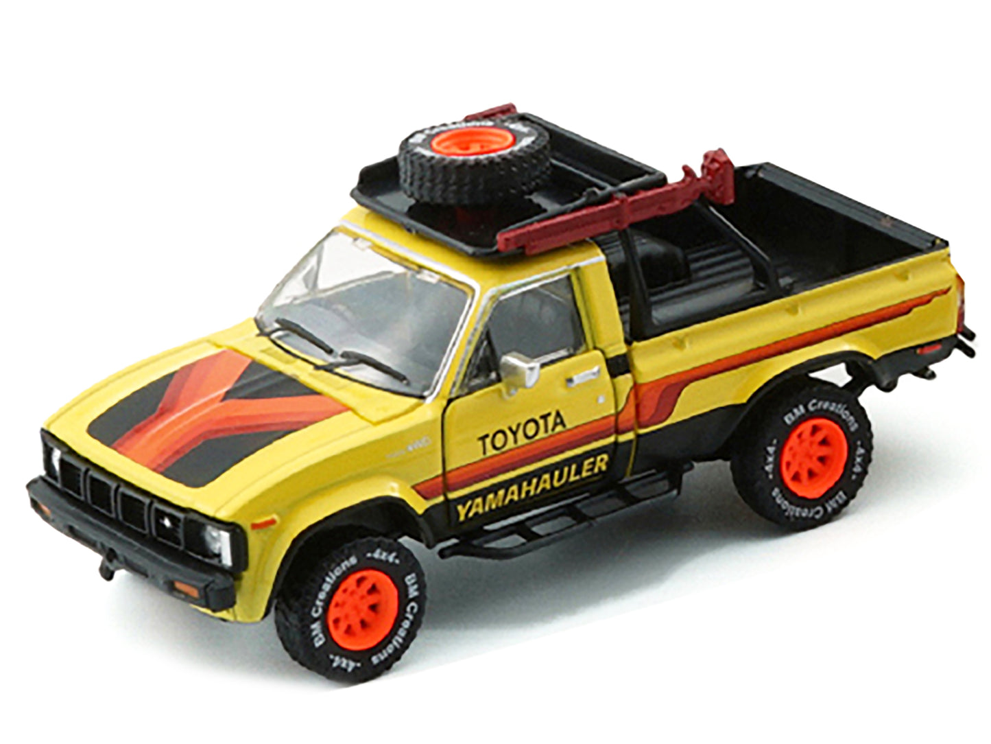 1980 Toyota Hilux Pickup Truck RHD (Right Hand Drive) Yellow with Stripes and Accessories 1/64 Diecast Model Car by BM Creations