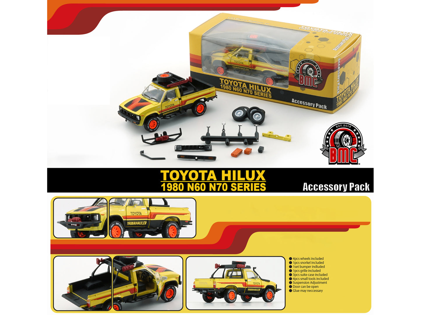 1980 Toyota Hilux Pickup Truck RHD (Right Hand Drive) Yellow with Stripes and Accessories 1/64 Diecast Model Car by BM Creations