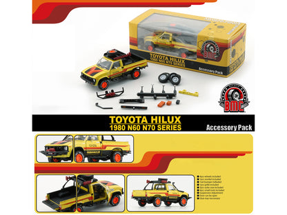 1980 Toyota Hilux Pickup Truck RHD (Right Hand Drive) Yellow with Stripes and Accessories 1/64 Diecast Model Car by BM Creations