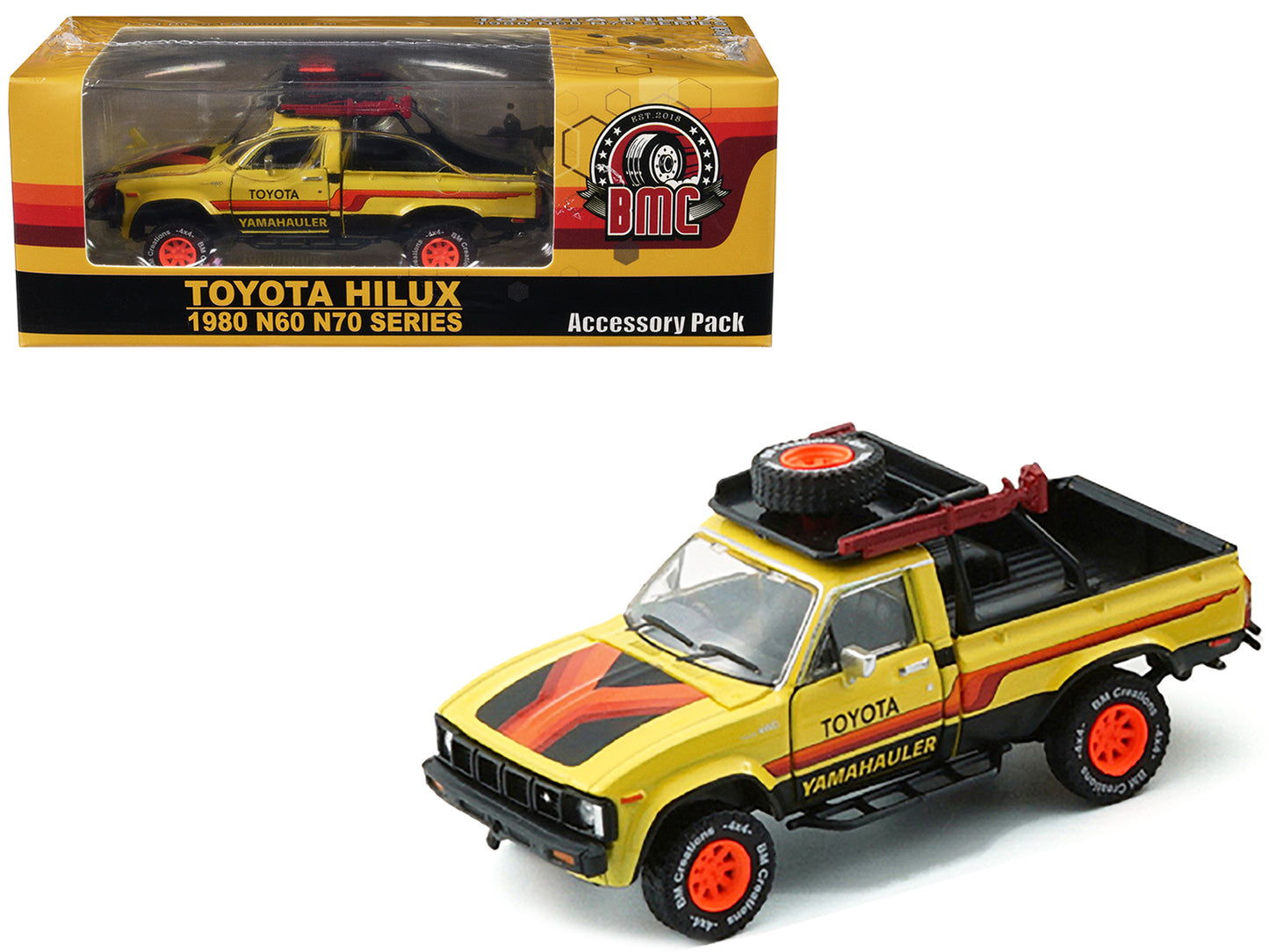 1980 Toyota Hilux Pickup Truck RHD (Right Hand Drive) Yellow with Stripes and Accessories 1/64 Diecast Model Car by BM Creations