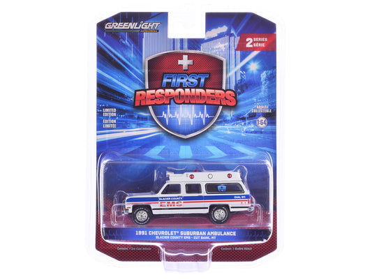 1991 Chevrolet Suburban Ambulance "Glacier County EMS - Cut Bank Montana" White with Blue and Red Stripes "First Responders" 1/64 Diecast Model Car by Greenlight