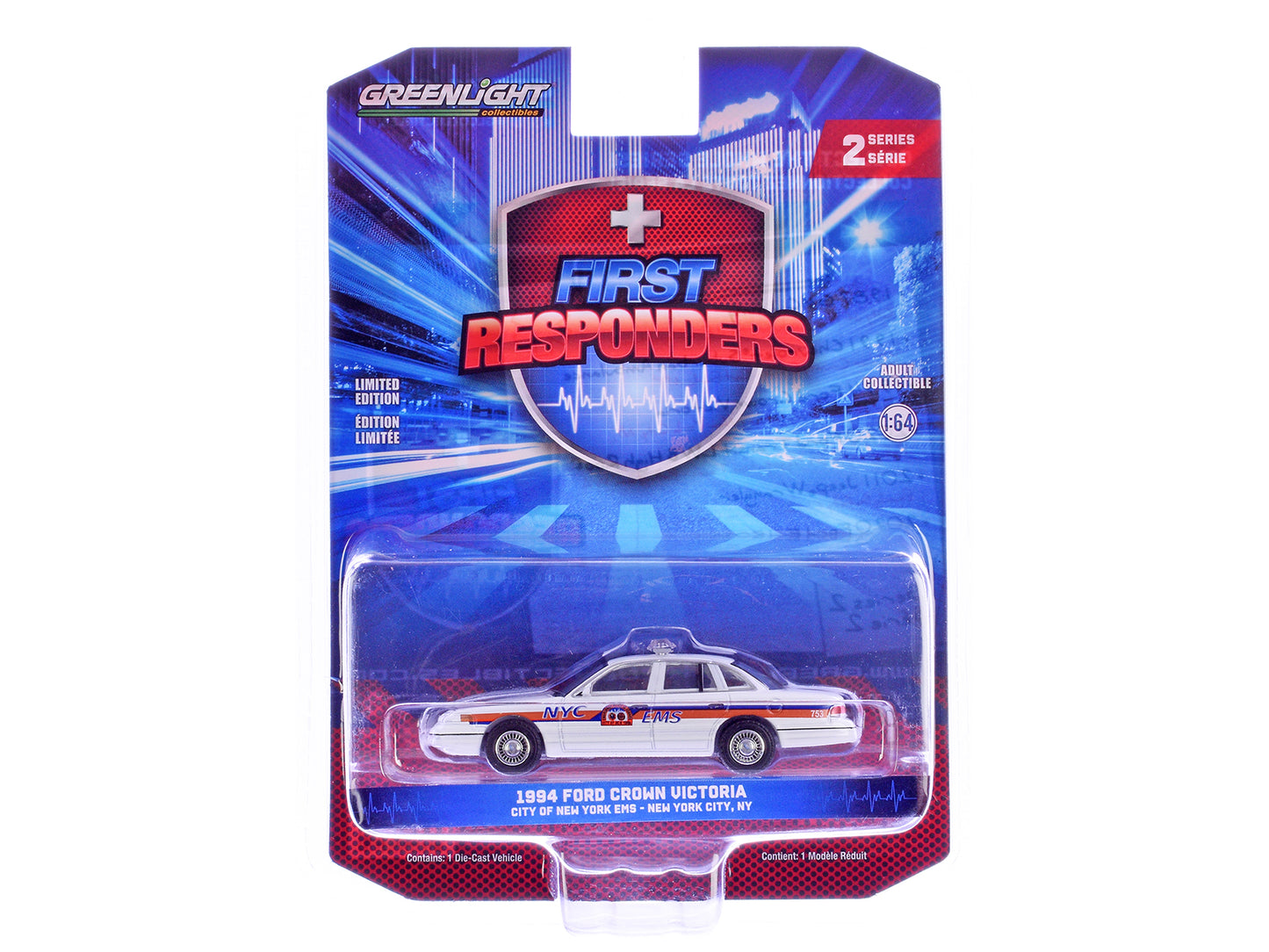 1994 Ford Crown Victoria "NYC EMS (City of New York Emergency Medical Service)" White with Blue and Red Stripes "First Responders" Series 2 1/64 Diecast Model Car by Greenlight