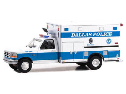 1992 Ford F-350 Ambulance "Dallas Police Crime Scene, Dallas Texas" White and Blue "First Responders - Hobby Exclusive" Series 1/64 Diecast Model Car by Greenlight