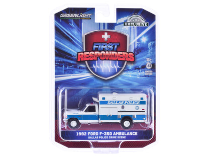 1992 Ford F-350 Ambulance "Dallas Police Crime Scene, Dallas Texas" White and Blue "First Responders - Hobby Exclusive" Series 1/64 Diecast Model Car by Greenlight