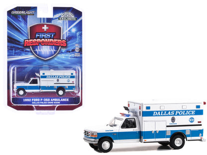 1992 Ford F-350 Ambulance "Dallas Police Crime Scene, Dallas Texas" White and Blue "First Responders - Hobby Exclusive" Series 1/64 Diecast Model Car by Greenlight