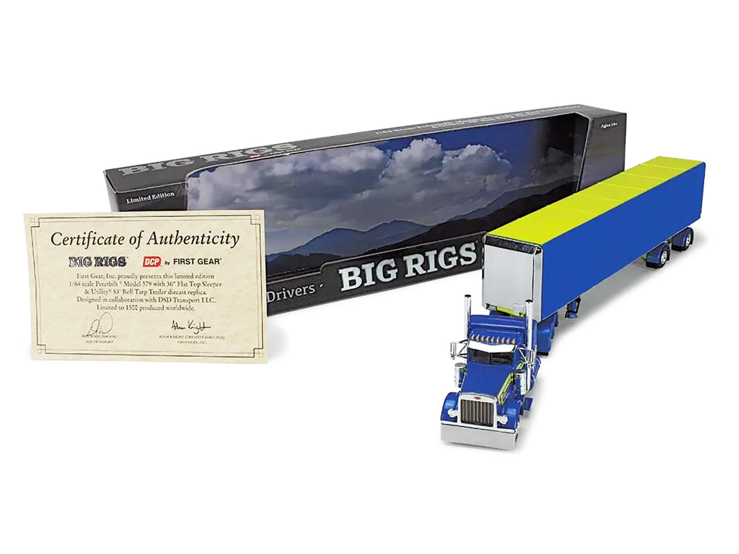 Peterbilt 379 with 36" Flat Top Sleeper and 53' Utility Roll Tarp Trailer "DSD Transport" Blue and Yellow "Big Rigs" Series 1/64 Diecast Model by DCP/First Gear