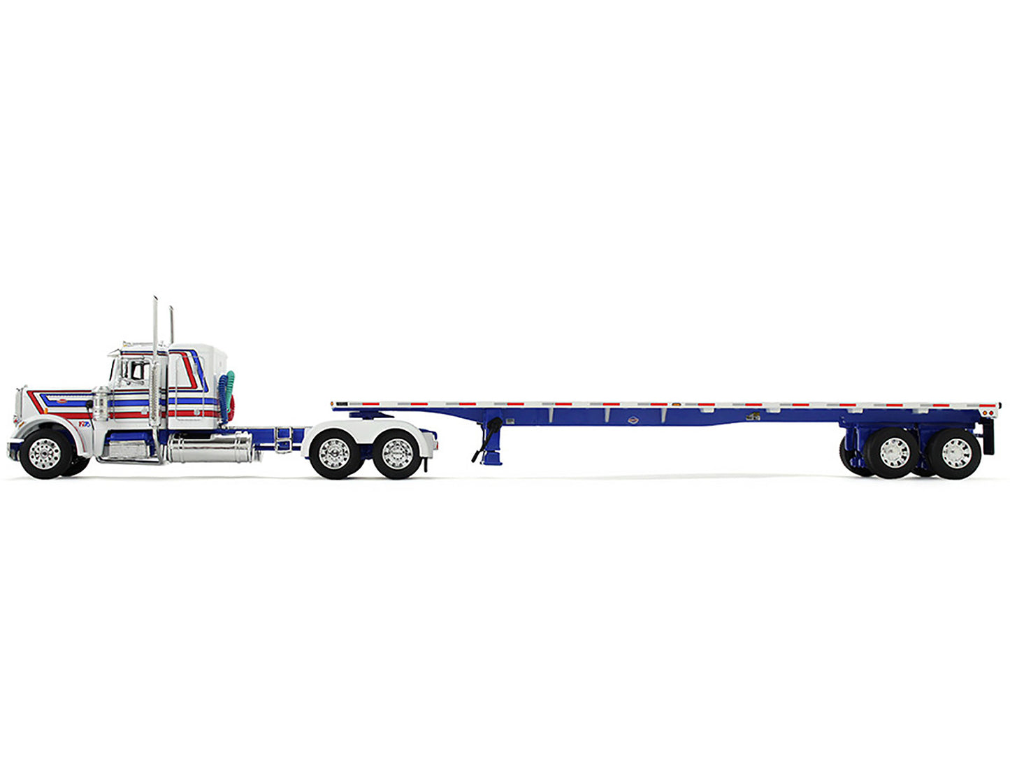 Peterbilt 359 with 36" Flat Top Sleeper and 48' Utility Flatbed Trailer White with Blue and Red Stripes "Bicentennial Patriot" 1/64 Diecast Model by DCP/First Gear