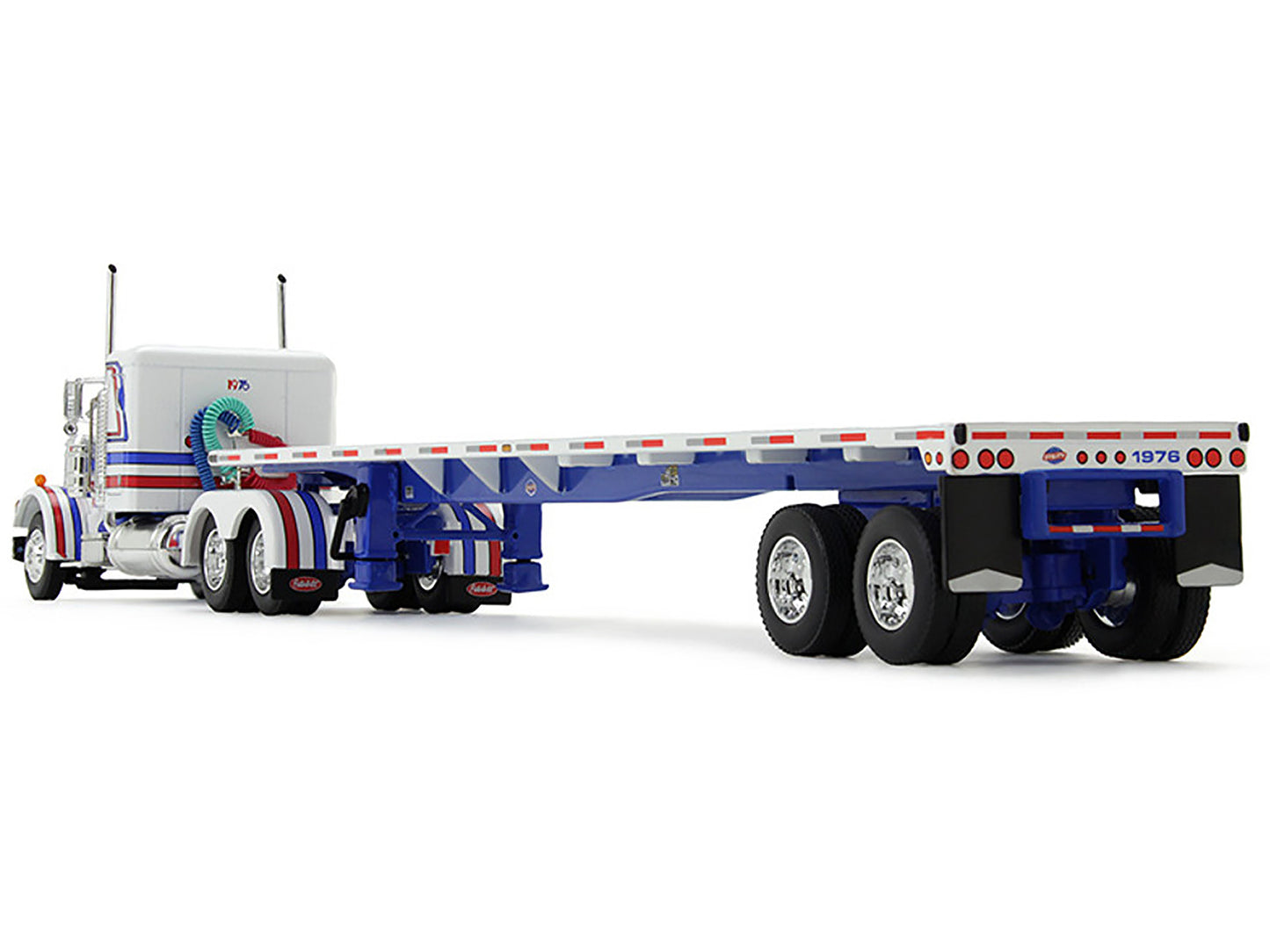 Peterbilt 359 with 36" Flat Top Sleeper and 48' Utility Flatbed Trailer White with Blue and Red Stripes "Bicentennial Patriot" 1/64 Diecast Model by DCP/First Gear