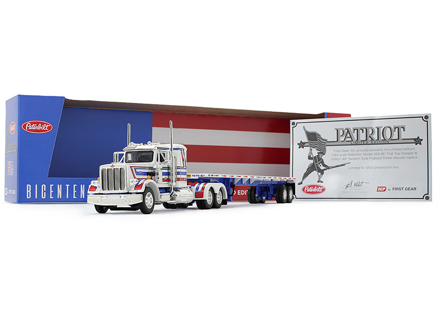 Peterbilt 359 with 36" Flat Top Sleeper and 48' Utility Flatbed Trailer White with Blue and Red Stripes "Bicentennial Patriot" 1/64 Diecast Model by DCP/First Gear