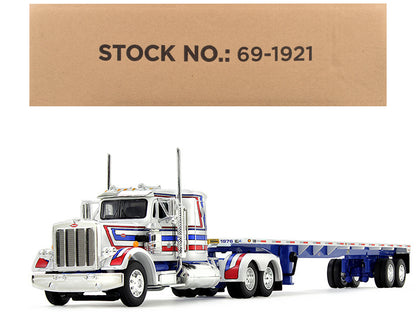 Peterbilt 359 with 36" Flat Top Sleeper and 48' Utility Flatbed Trailer White with Blue and Red Stripes "Bicentennial Patriot" 1/64 Diecast Model by DCP/First Gear