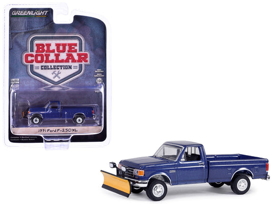 1991 Ford F-250 XL 4X4 Pickup Truck with Snow Plow Deep Shadow Blue Metallic "Blue Collar Collection" Series 13 1/64 Diecast Model Car by Greenlight