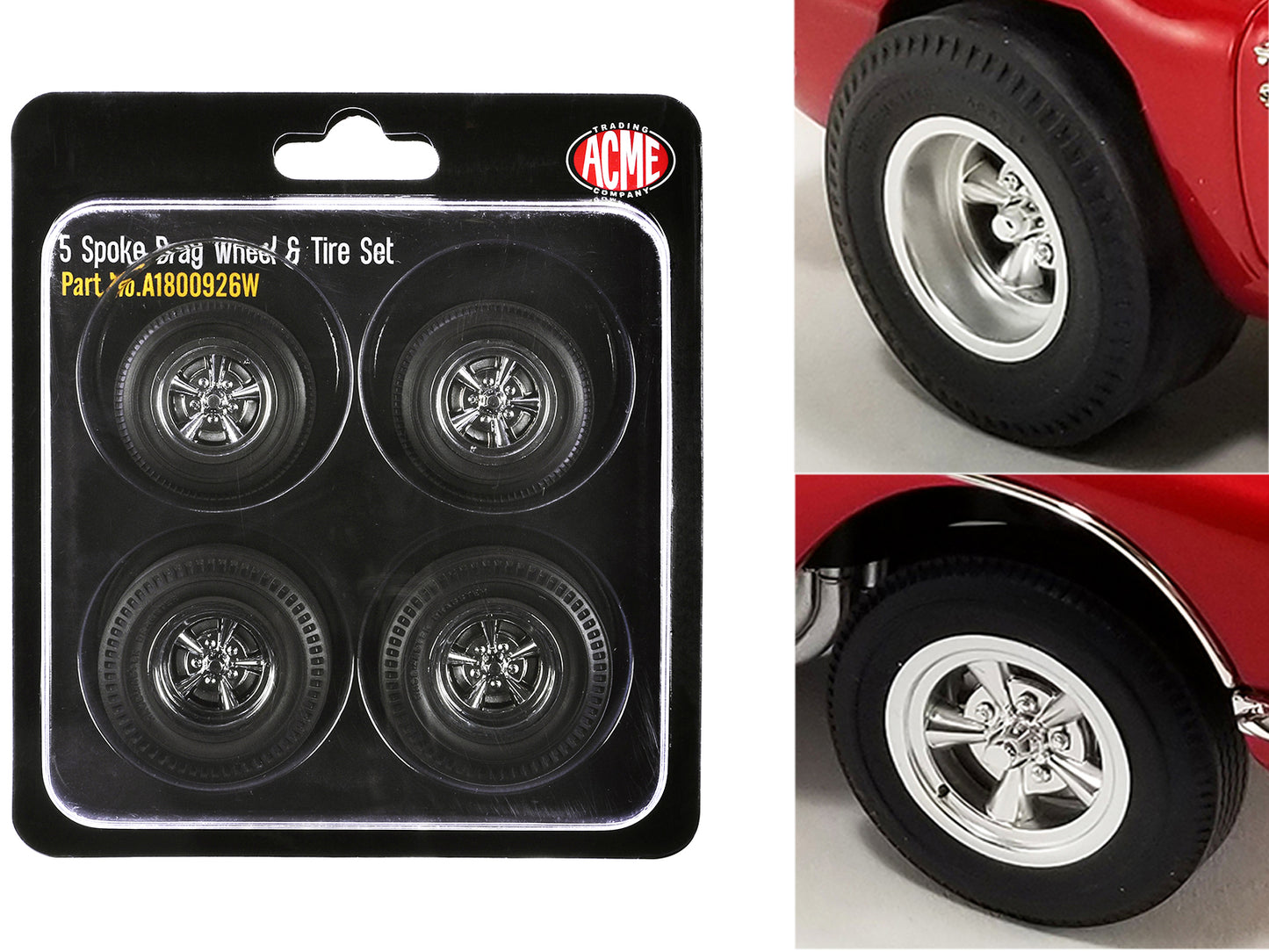 5 Spoke Drag Wheel and Tire Set of 4 pieces for 1/18 Scale Models by ACME