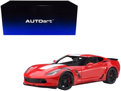 2017 Chevrolet Corvette C7 Grand Sport Red with White Stripe and Black Fender Hash Marks 1/18 Model Car by Autoart