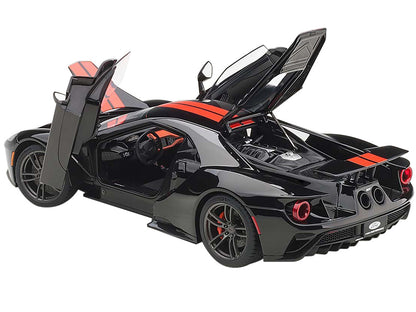 2017 Ford GT Shadow Black with Orange Stripes 1/18 Model Car by Autoart