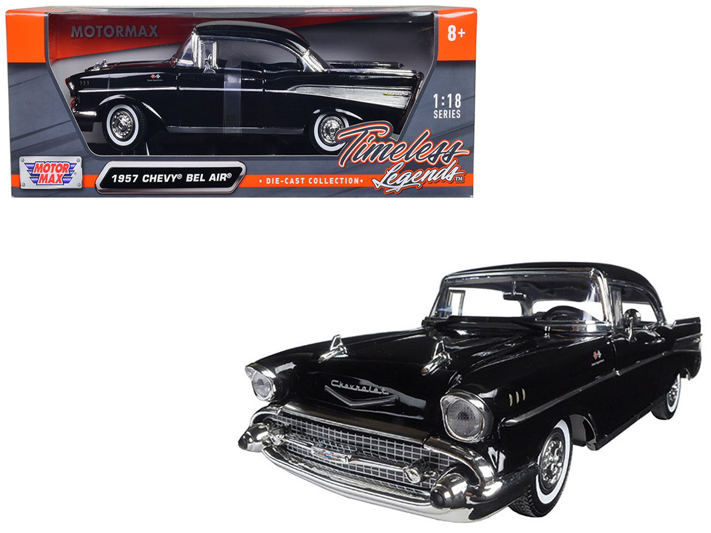 1957 Chevrolet Bel Air Hardtop Black "Timeless Classics" 1/18 Diecast Model Car by Motormax