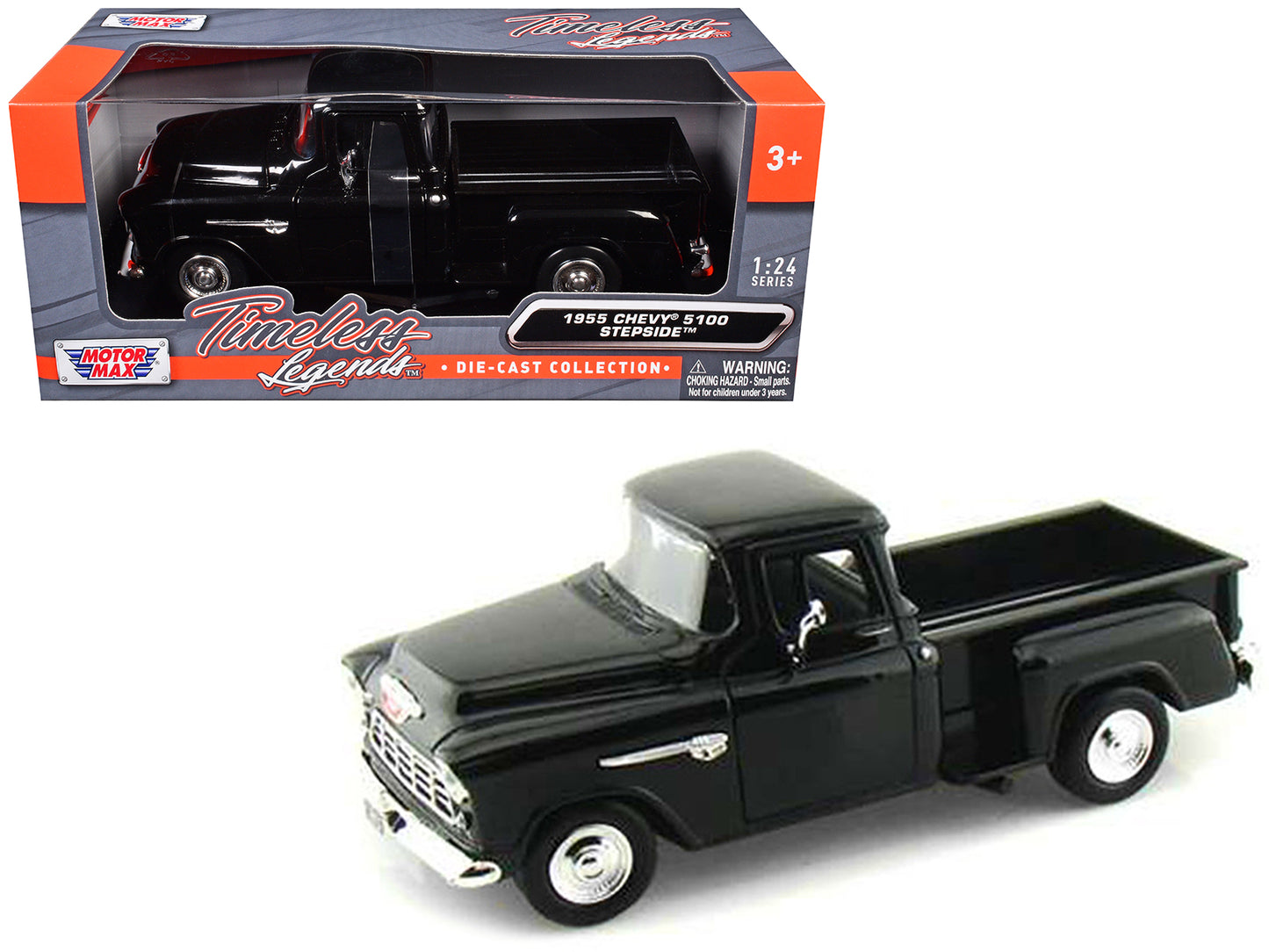 1955 Chevrolet 5100 Stepside Pickup Truck Black 1/24 Diecast Car Model by Motormax