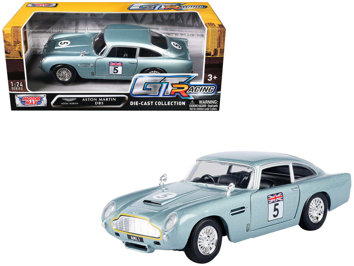 Aston Martin DB5 RHD (Right Hand Drive) #5 Light Blue Metallic "GT Racing" Series 1/24 Diecast Model Car by Motormax