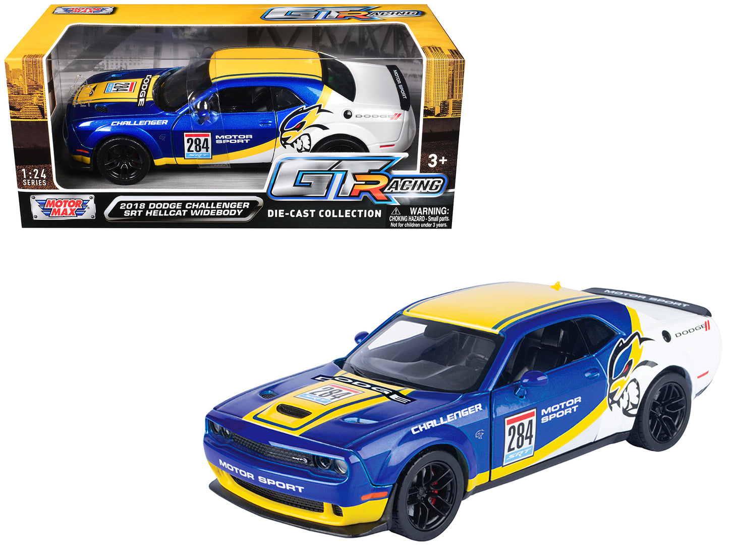 2018 Dodge Challenger SRT Hellcat Widebody #284 Blue Metallic and White with Yellow Graphics "GT Racing" Series 1/24 Diecast Model Car by Motormax