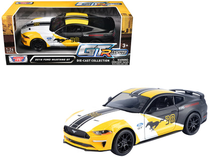 2018 Ford Mustang GT #38 White and Matt Black with Yellow Graphics "GT Racing" Series 1/24 Diecast Model Car by Motormax