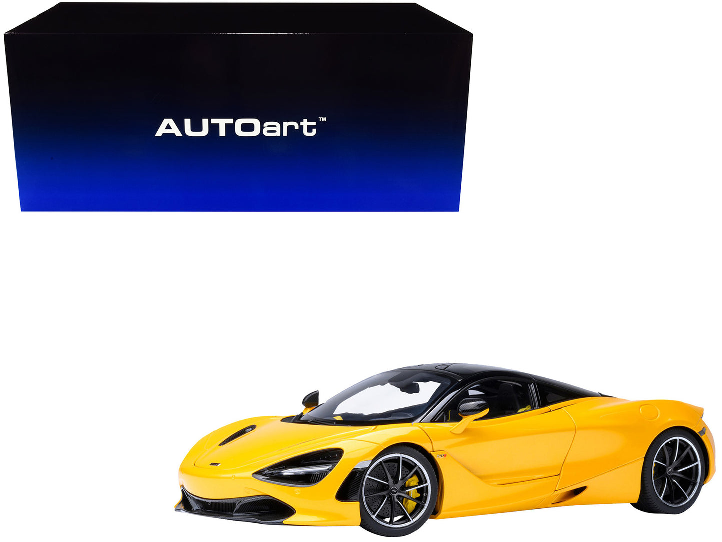 McLaren 720S Volcano Yellow with Black Top and Carbon Accents 1/18 Model Car by Autoart