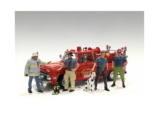 "Firefighters" 6 piece Figure Set (4 Males 1 Dog 1 Accessory) for 1/24 Scale Models by American Diorama