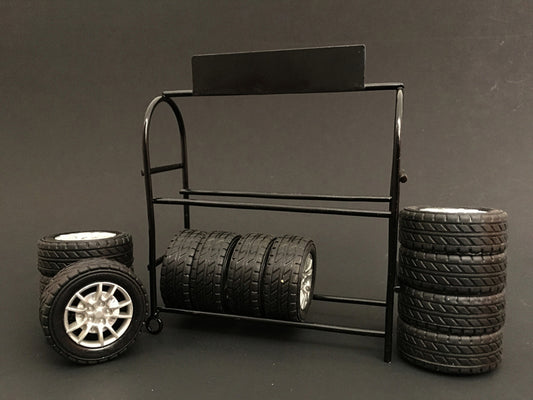 Metal Tire Rack with Rims and Tires for 1/24 Scale Models by American Diorama