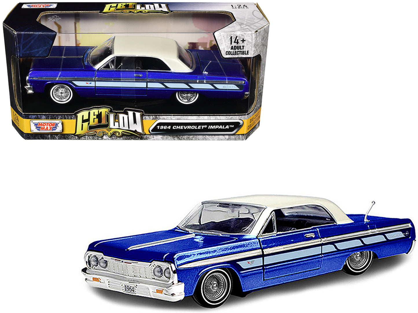 1964 Chevrolet Impala Lowrider Hard Top Candy Blue Metallic with Cream Top "Get Low" Series 1/24 Diecast Model Car by Motormax