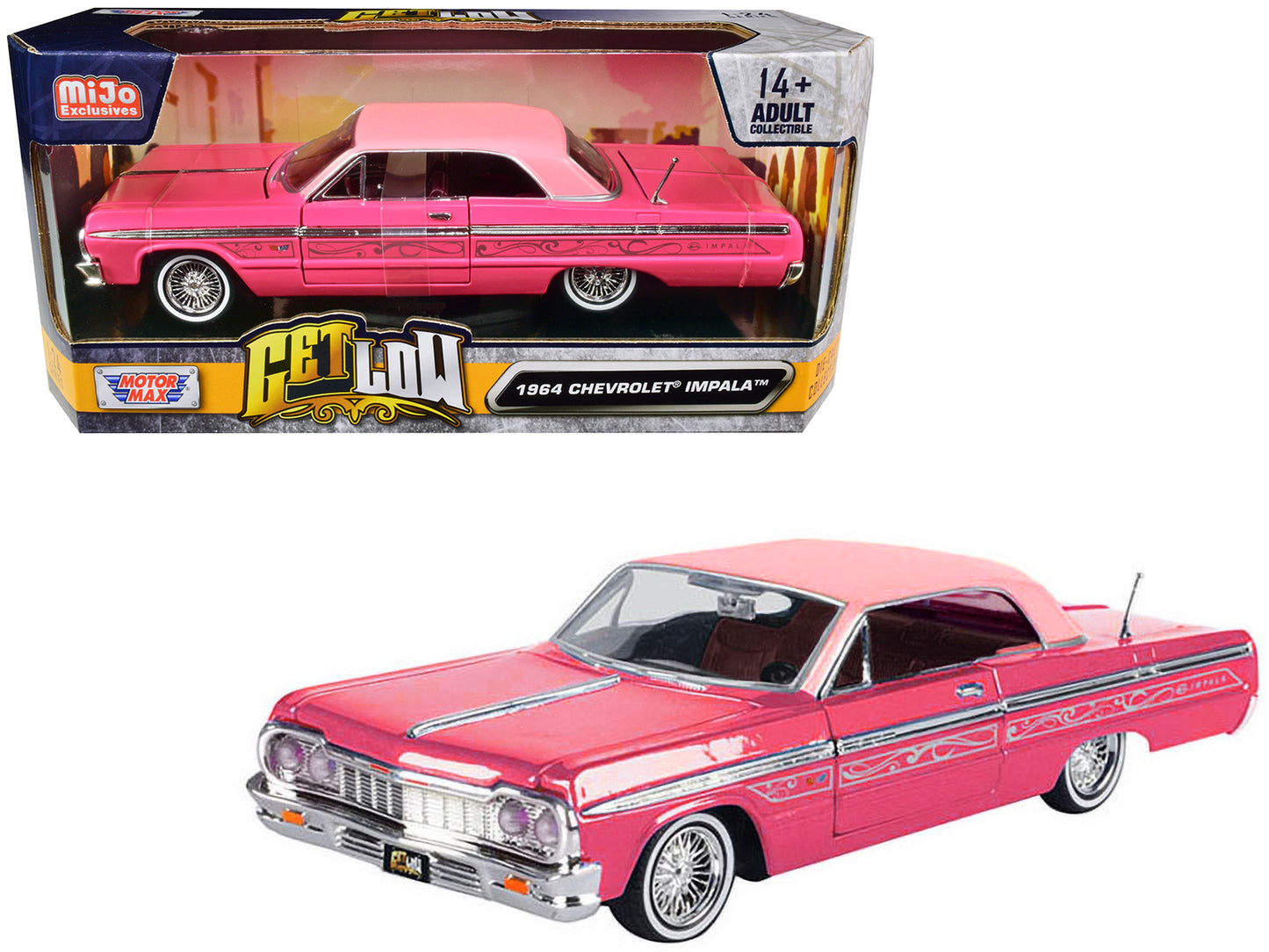 1964 Chevrolet Impala Lowrider Hard Top Pink with Graphics and Light Pink Top "Get Low" Series 1/24 Diecast Model Car by Motormax