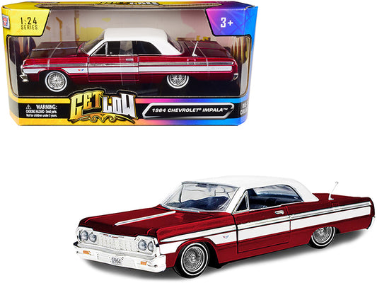 1964 Chevrolet Impala Lowrider Hard Top Candy Red Metallic with White Top "Get Low" Series 1/24 Diecast Model Car by Motormax