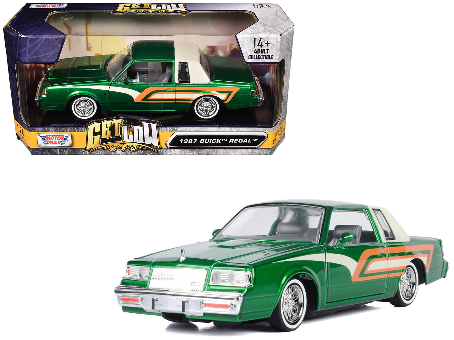 1987 Buick Regal 3.8 SFI Turbo Green Metallic and Cream with Graphics "Get Low" Series 1/24 Diecast Model Car by Motormax