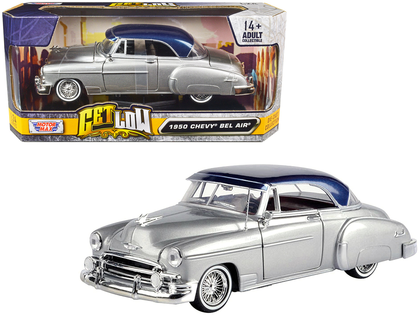 1950 Chevrolet Bel Air Lowrider Silver Metallic with Blue Metallic Top "Get Low" Series 1/24 Diecast Model Car by Motormax