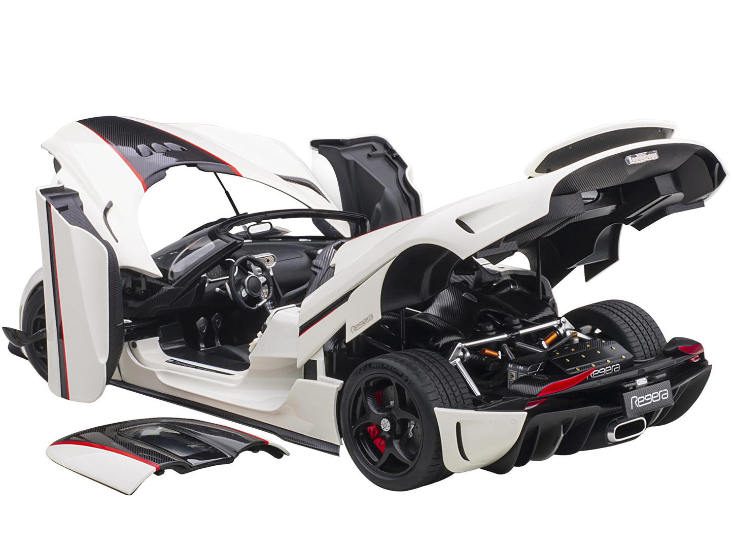 Koenigsegg Regera White with Black Carbon and Red Stripes 1/18  Model Car by Autoart