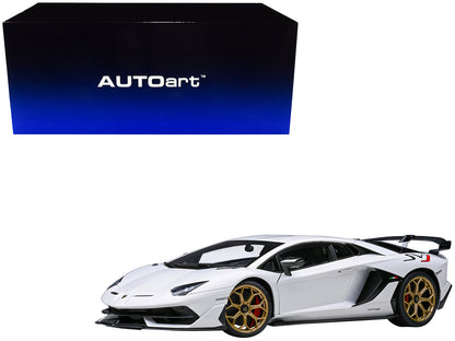 Lamborghini Aventador SVJ Bianco Asopo Pearl White with Gold Wheels 1/18 Model Car by Autoart