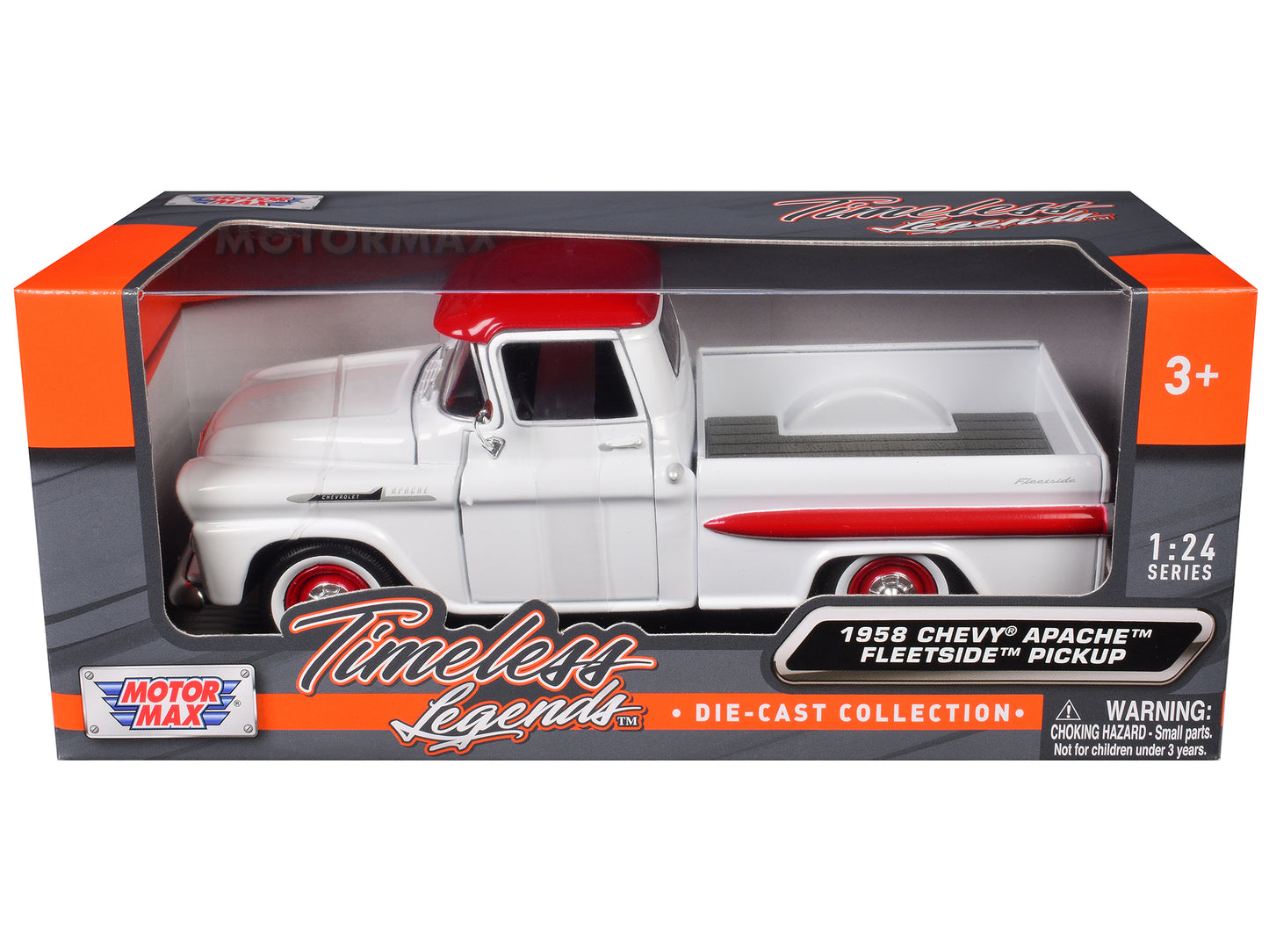 1958 Chevrolet Apache Fleetside Pickup Truck White with Red Top "Timeless Legends" Series 1/24 Diecast Model Car by Motormax