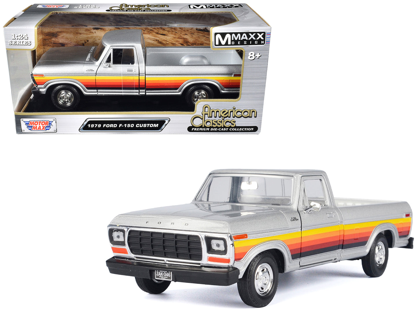 1979 Ford F-150 Custom Pickup Truck Silver Metallic with Side Stripes "American Classics" Series 1/24 Diecast Model Car by Motormax