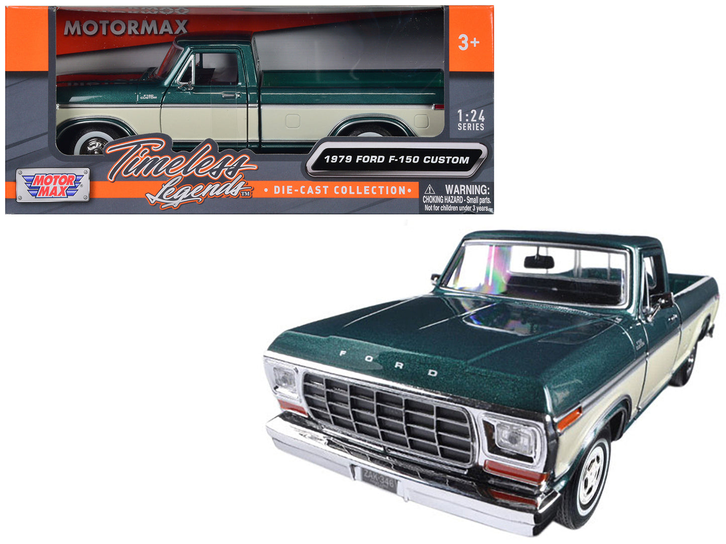 1979 Ford F-150 Pickup Truck Green Metallic and Cream 1/24 Diecast Model Car by Motormax