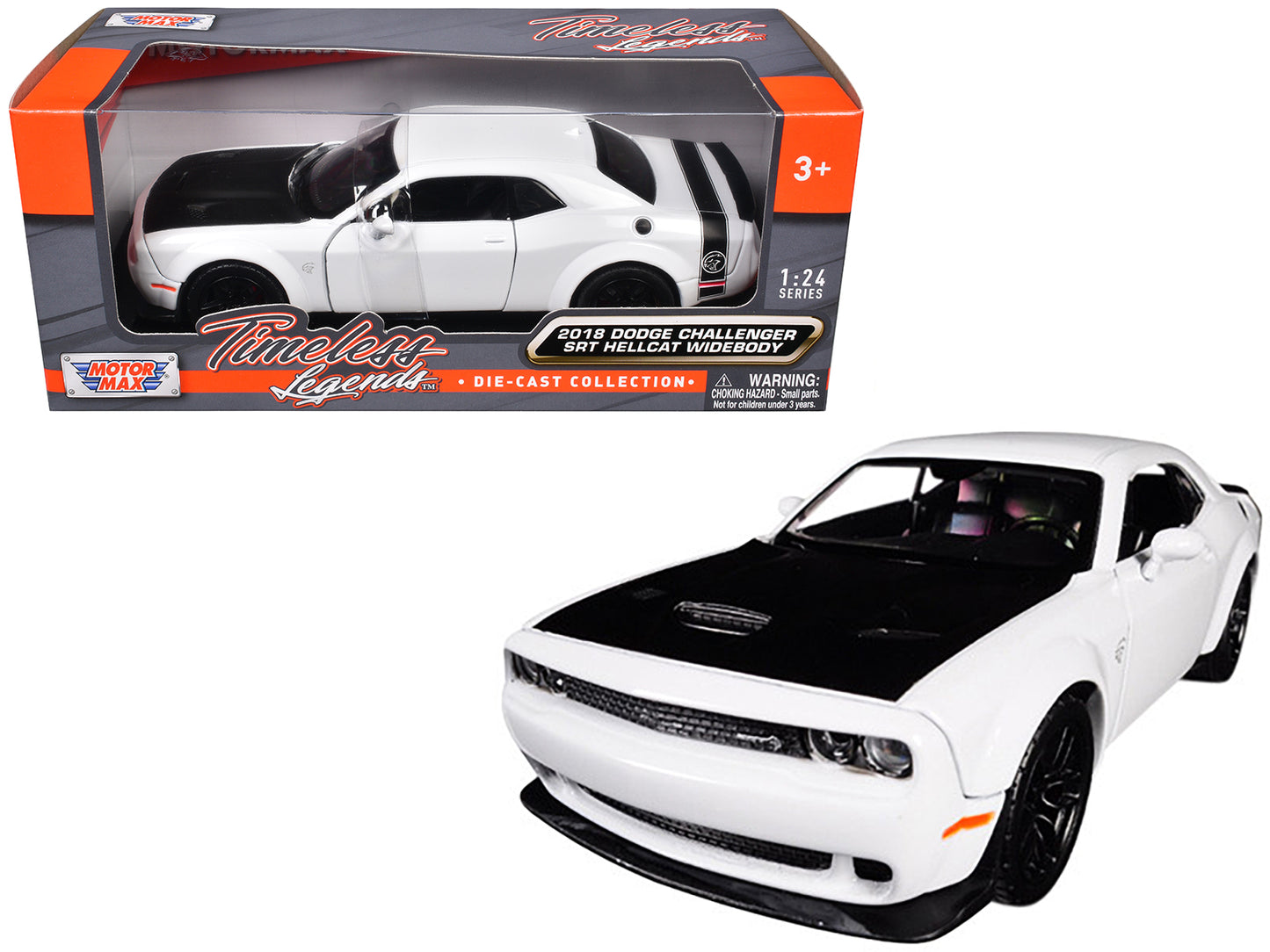 2018 Dodge Challenger SRT Hellcat Widebody White with Black Hood 1/24 Diecast Model Car by Motormax