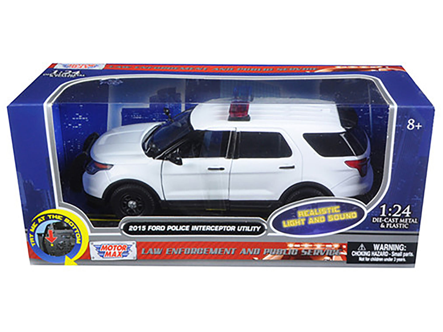 2015 Ford Police Interceptor Utility White with Flashing Light Bar and Front and Rear Lights and 2 Sounds 1/24 Diecast Model Car by Motormax