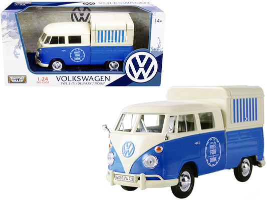 Volkswagen Type 2 (T1) Pickup Food Truck Cream and Blue 1/24 Diecast Model Car by Motormax