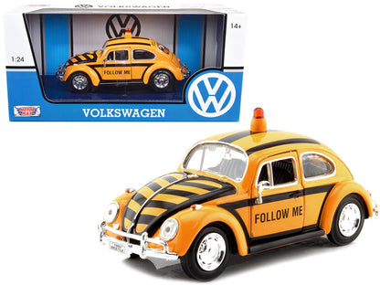 1966 Volkswagen Beetle "Follow Me" Airport Safety Vehicle Yellow with Black Stripes 1/24 Diecast Model Car by Motormax