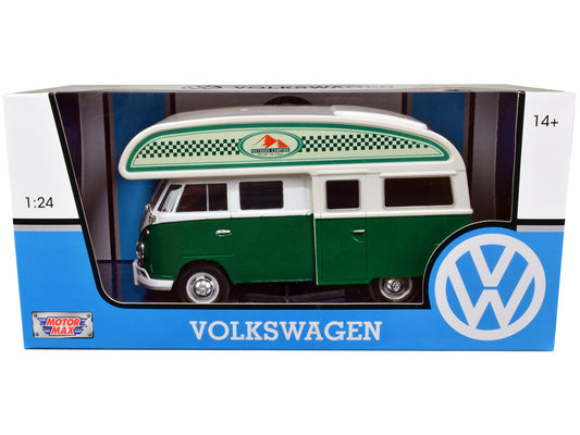 Volkswagen Type 2 (T1) Camper Van Green and White "Outdoor Camping Explore the Forest" 1/24 Diecast Model Car by Motormax