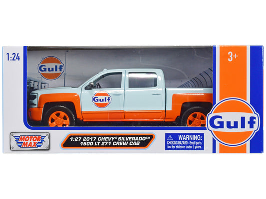 2017 Chevrolet Silverado 1500 LT Z71 Crew Cab Pickup Truck Light Blue with Orange Stripes "Gulf Oil" "Gulf Die-Cast Collection" 1/27 Diecast Model Car by Motormax