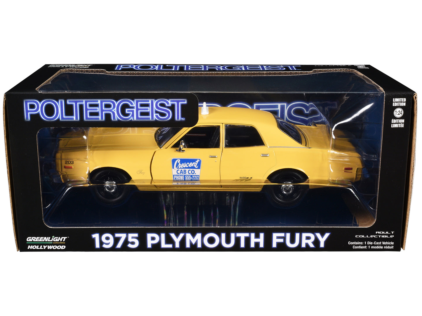 1975 Plymouth Fury Taxi "Crescent Cab Co." Yellow "Poltergeist" (1982) Movie "Hollywood" Series 20 1/24 Diecast Model Car by Greenlight